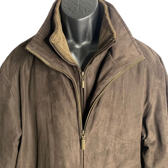 Vintage Weatherproof Faux Suede Jacket L Brown Double Zip Tech Pocket Wool Lined - Picture 2 of 7